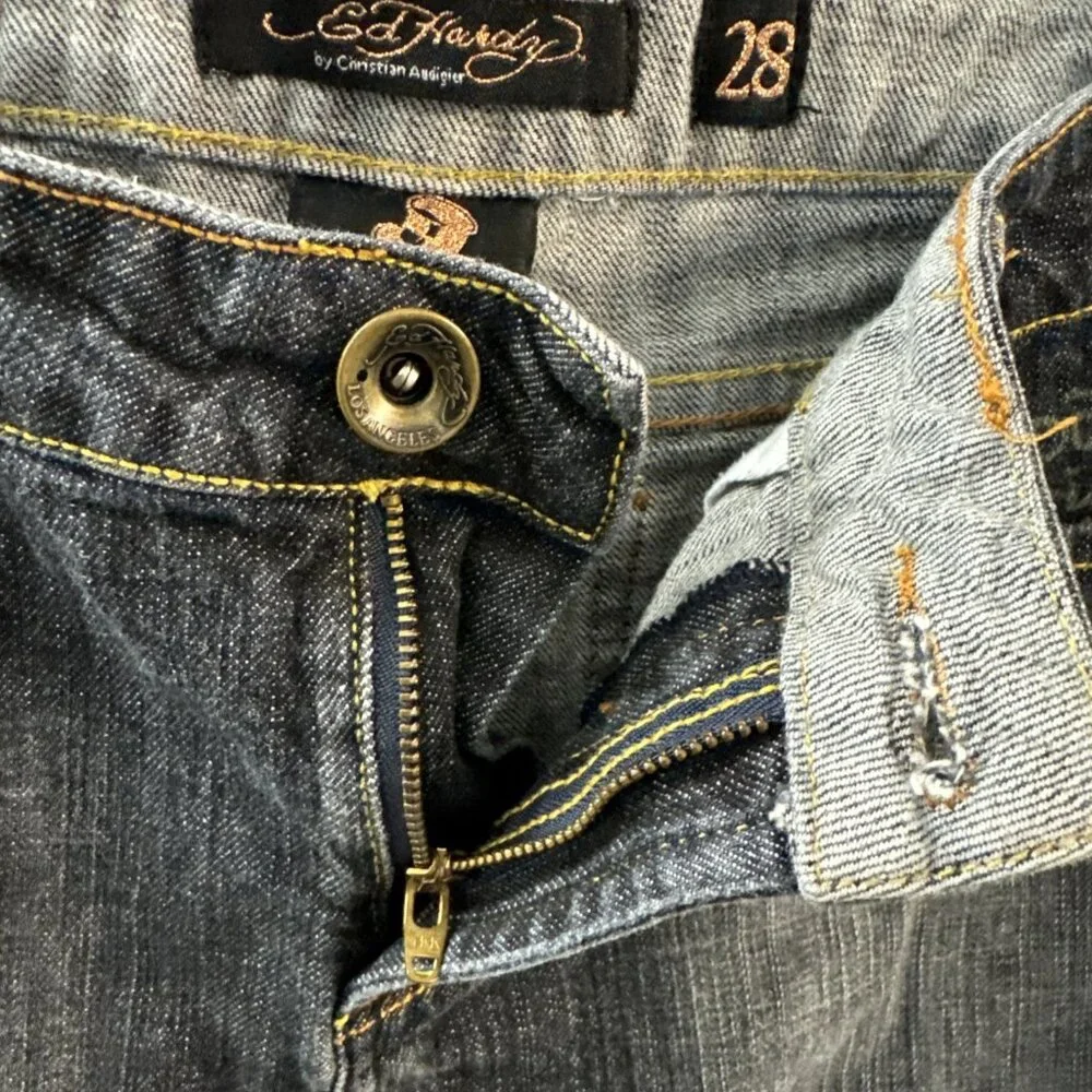 Vintage Ed Hardy Denim Mini Skirt Womens 28 Dark Blue Spell Out Rhinestones‎